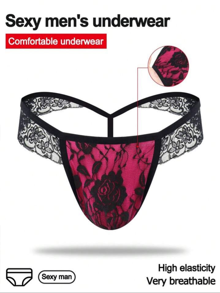 Men's Sexy Lingerie, Black Lace Trim Vivid Rose Red Waist Brifs